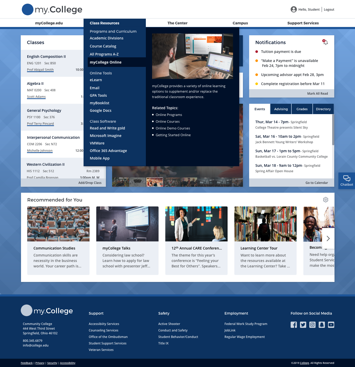 College Web Portal with Expanded Menu - Laptop